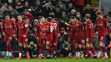 Liverpool’s youngsters celebrate the winning goal against Shrewsbury Town in the FA Cup