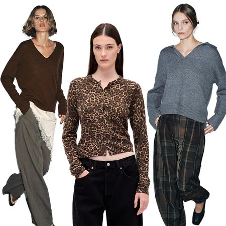 model wears brown sweater lace scarf and trousers, another model wears leopard print cardigan and black jeans, one model wears gray sweater, plaid pants and square toe black flats 