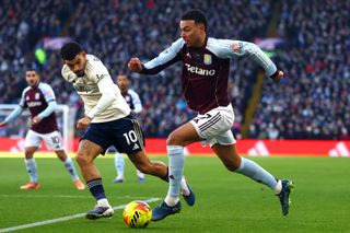 Nottingham Forest's Morgan Gibbs-White battles Aston Villa midfielder Morgan Rogers during the reverse fixture earlier this season