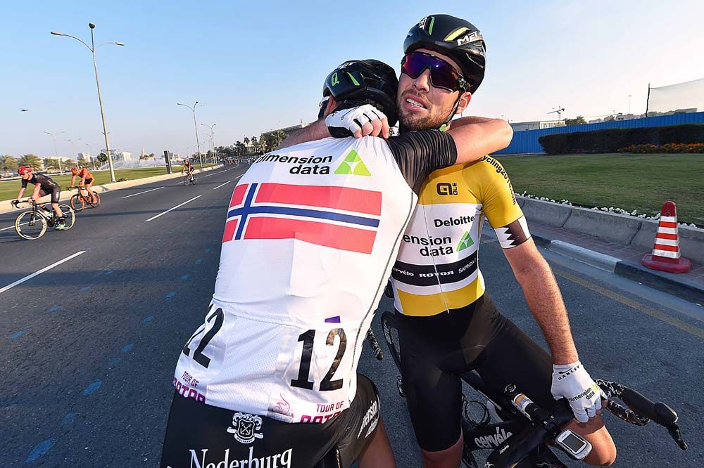 Mark Cavendish (Dimension Data) celebrates his overall success with Edvald Boasson Hagen