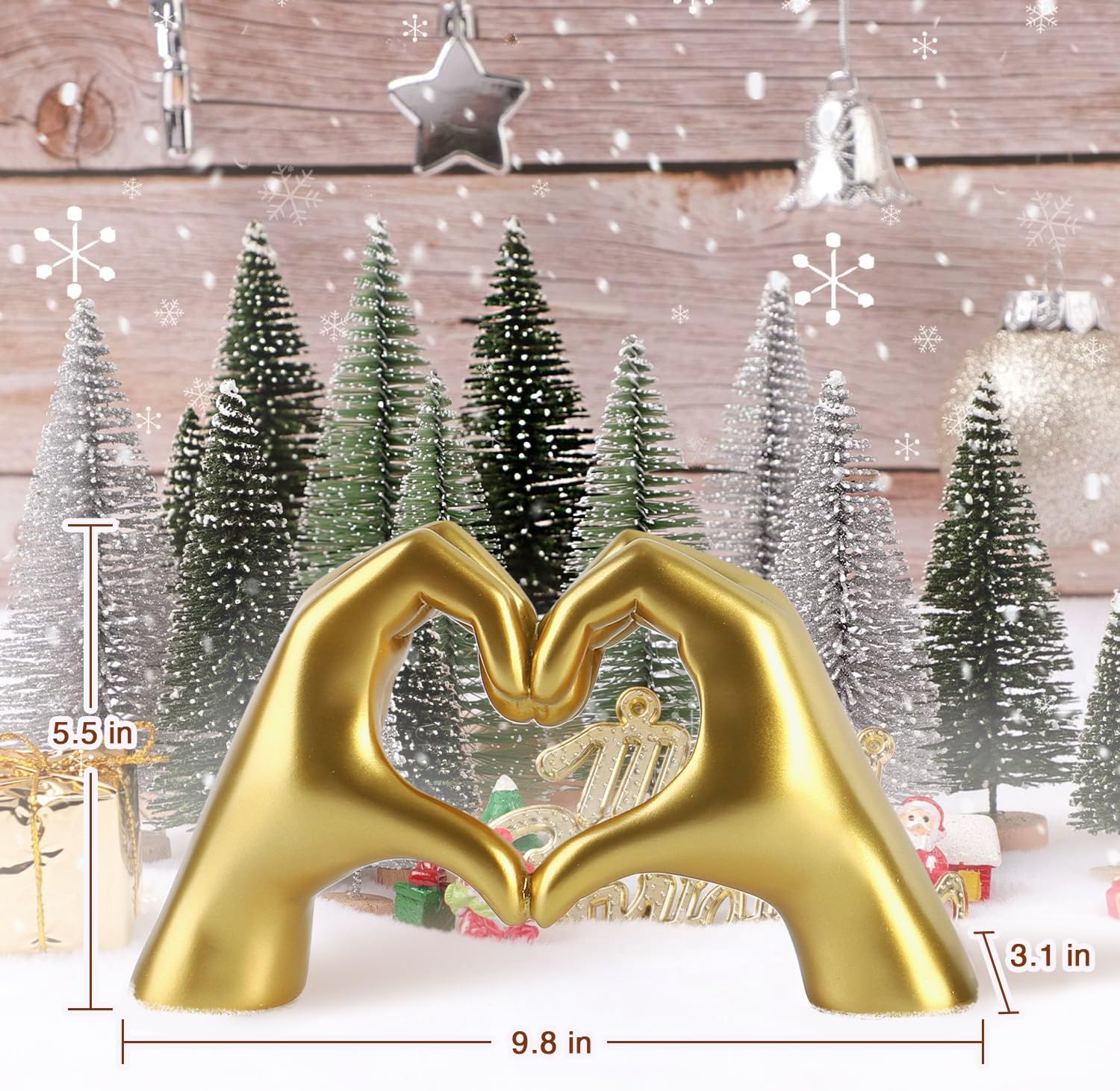 Sculpture of two gold-colored hands creating a heart