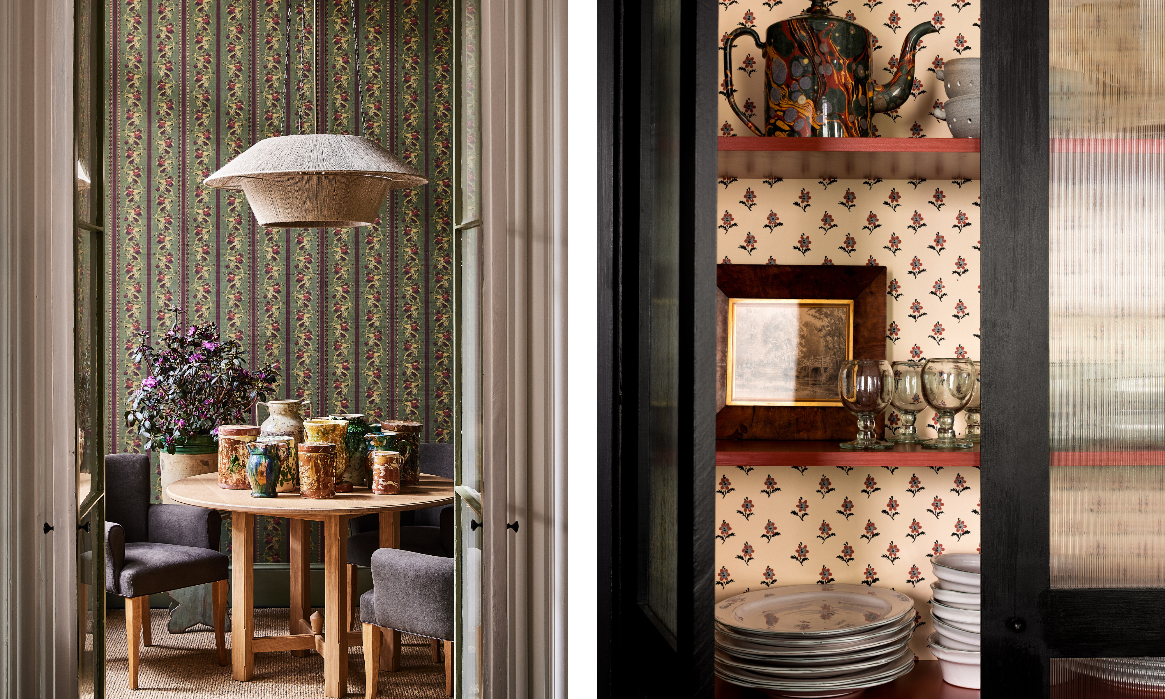 A split image, the left inside Nickey Kehoe's NYC store showing a round table and chairs in front of a green striped wallpaper; the right image an interior of a cabinet lined with block printed floral wallpaper.