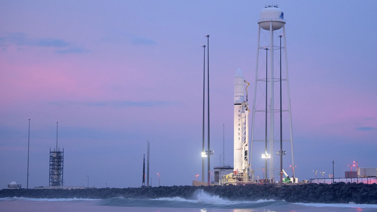 The Northrop Grumman Antares rocket is seen in the early morning on launch Pad-0A, Wednesday, Oct. 30, 2019, at NASA's Wallops Flight Facility in Virginia.