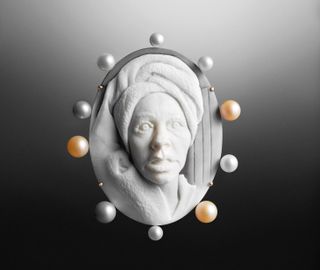 Cindy Sherman’s Spa, 2017, sardonyx shell cameo brooch set in 18ct light pink gold with white, pink and grey pearls