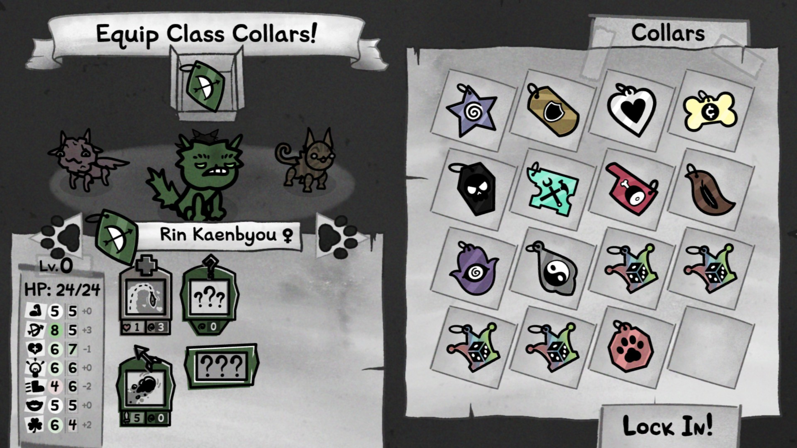 Mewgenics classes: The Hunter class in the collar selection menu, showing the impact of the collar on the stats of the cat.