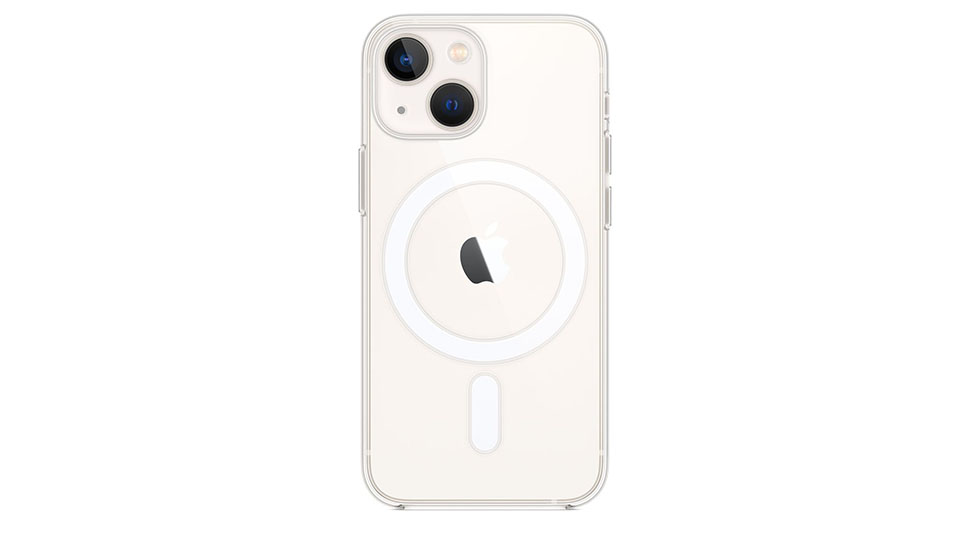 Apple iPhone 13 mini Clear Case dengan MagSafe dengan latar belakang putih