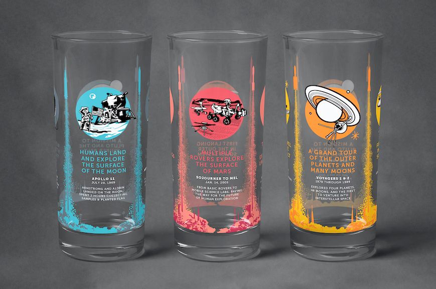 Each of Chop Shop&#039;s three new glass tumblers celebrate a different set of &quot;Milestones in Space&quot; at the moon, Mars and outer planets. The drinkware is being crowd funded on Kickstarter.