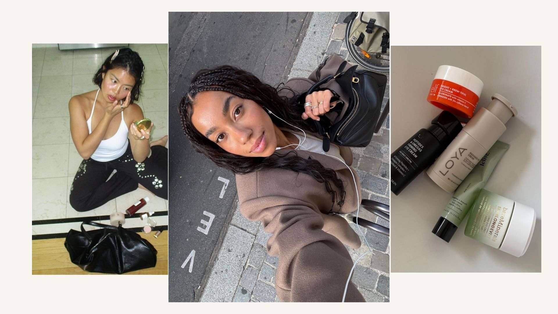 Photos of @alllisonho, @amaka.hamelijnck and a picture of some of the best brightening eye creams