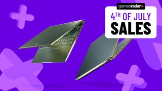 Acer Swift gaming laptop on purple background with 4th of July sales banner