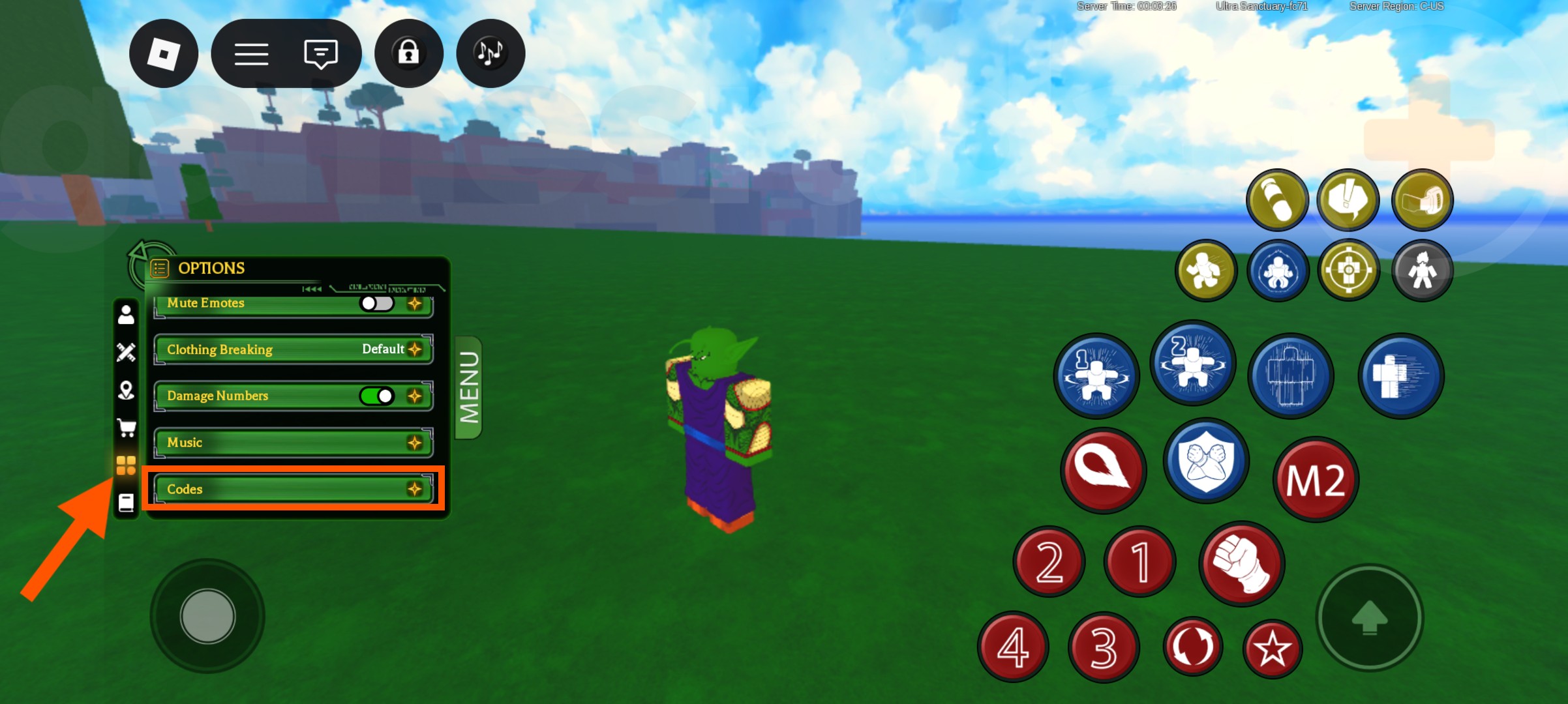 An orange arrow points to the Dragon Generation codes option in the main menu.