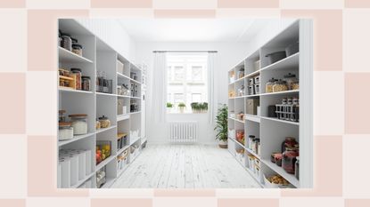 A checked background with a picture of a kitchen pantry.