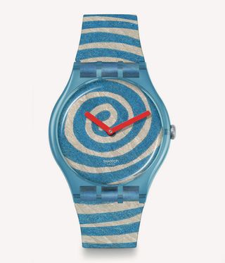 blue and white swirl-patterned Swatch X Tate watch