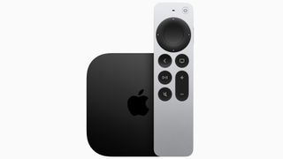 Apple TV 4K and Siri remote on white background