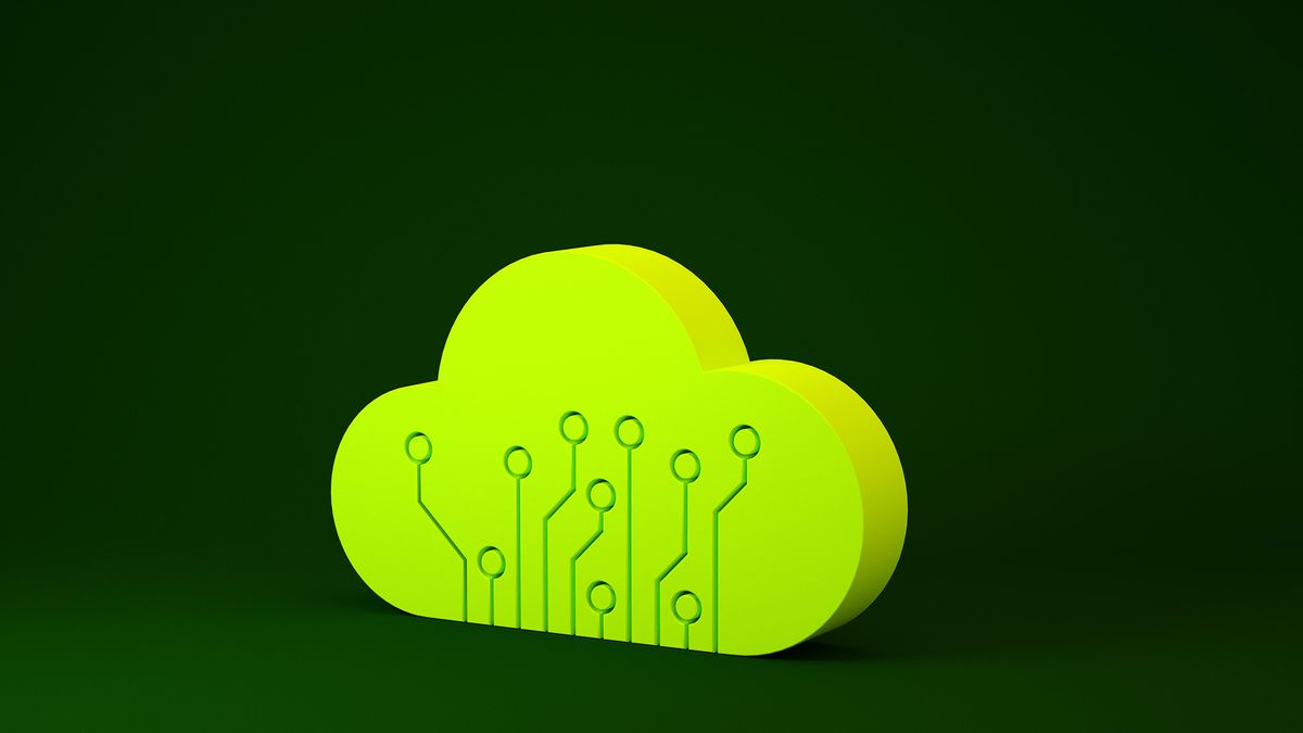 A 3D image of a light green cloud with circuit board pattern on a dark green background