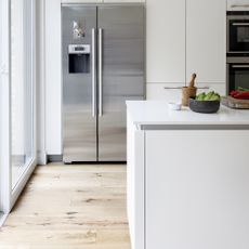 Kitchen with stainless steel fridge and light flooring