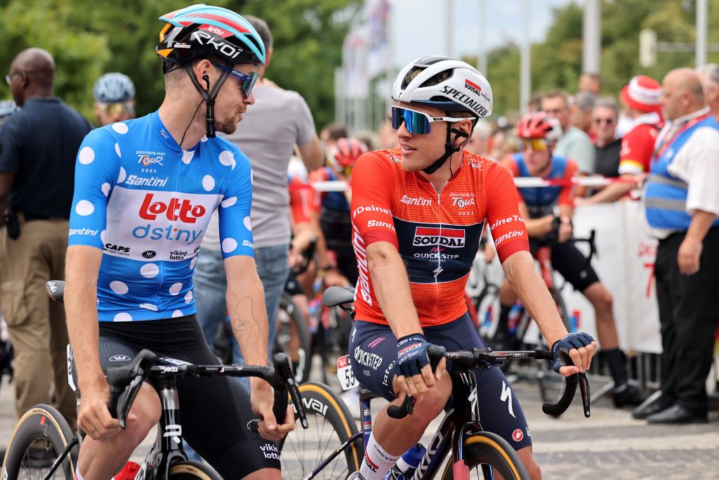 Harm Vanhoucke (Lotto Dstny) in the polka dot mountain jersey and Ilan Van Wilder (Soudal-Quick Step) in the red leader&rsquo;s jersey at the start of stage 4