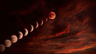 an illustration showing the moon getting progressively darker and then turning red during a total lunar eclipse