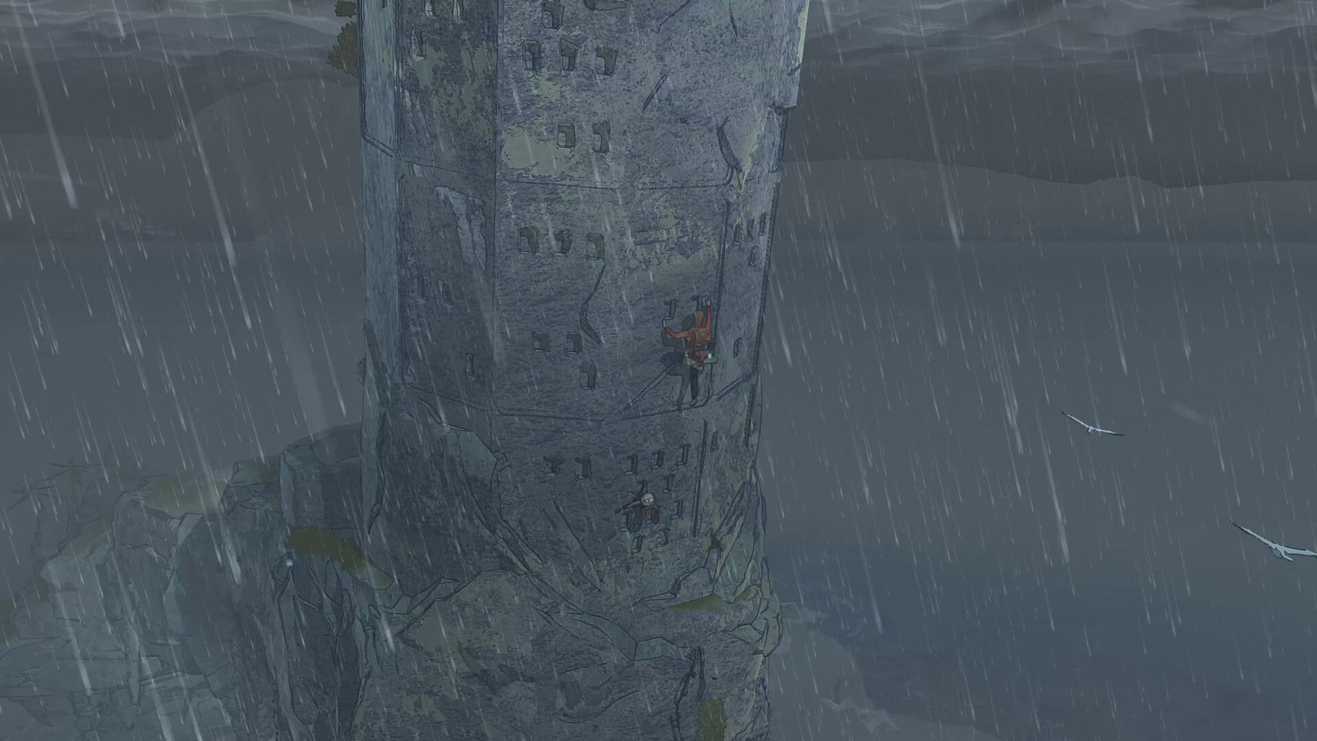 A nighttime shot of Marco climbing a rockface in the rain in the game Cairn.