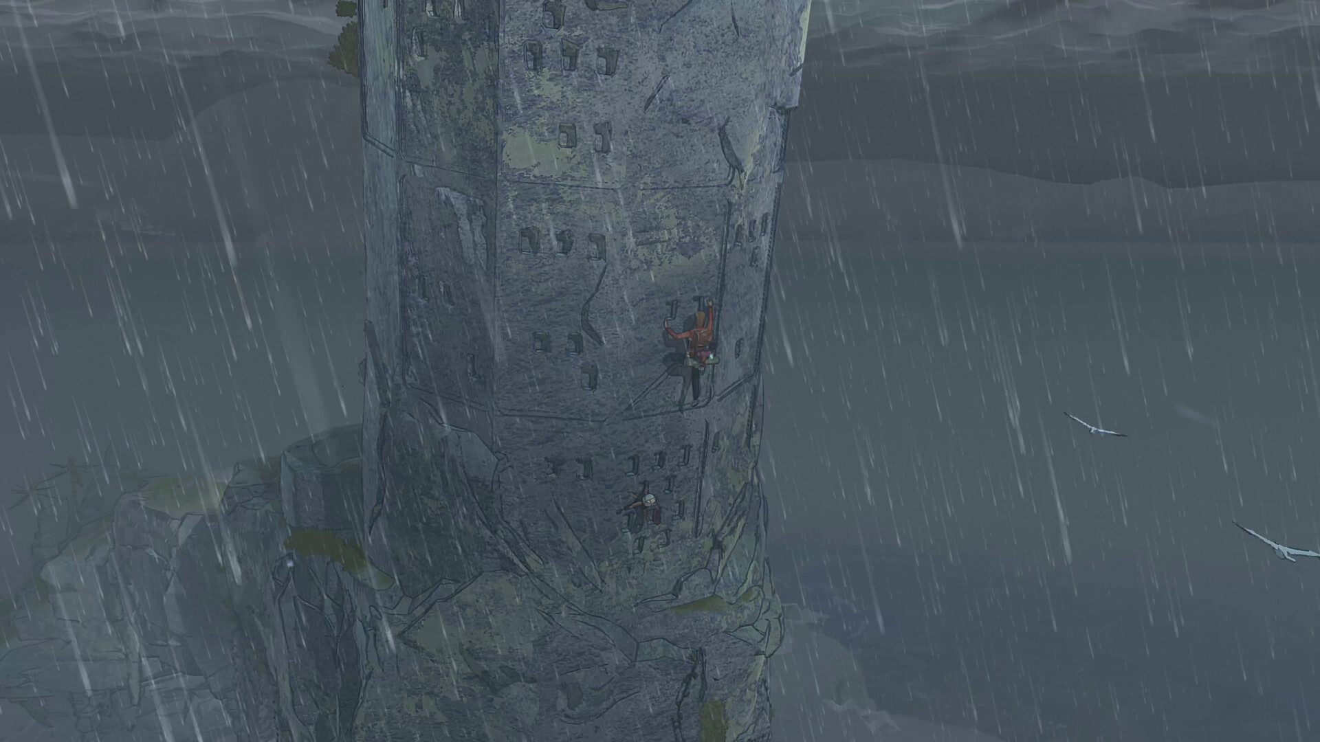 A nighttime shot of Marco climbing a rockface in the rain in the game Cairn.