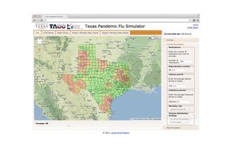 The Texas Pandemic Flu Simulator is one application of infectious disease spread models. It allows for the simulation of flu pandemics across the state of Texas under user-defined scenarios that can include different interventions. Watch the Texas Pandemic Flu Toolkit video on YouTube.