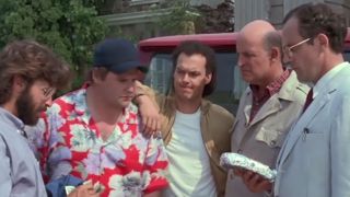 Michael Keaton, Stephen Furst, Christopher Lloyd, and Peter Boyle in The Dream Team