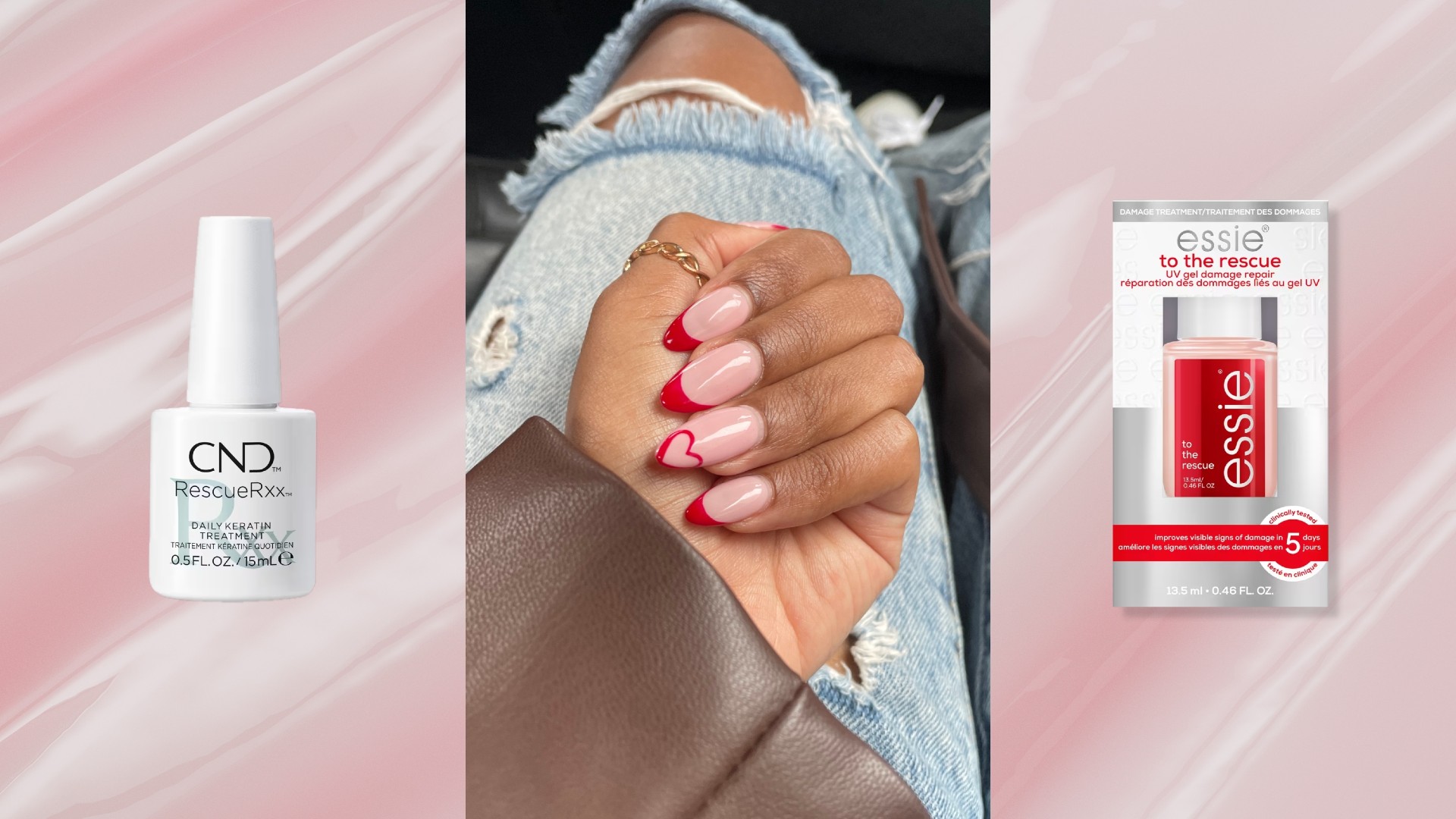 an edit of a person with red nails next to two nail products over a pink background