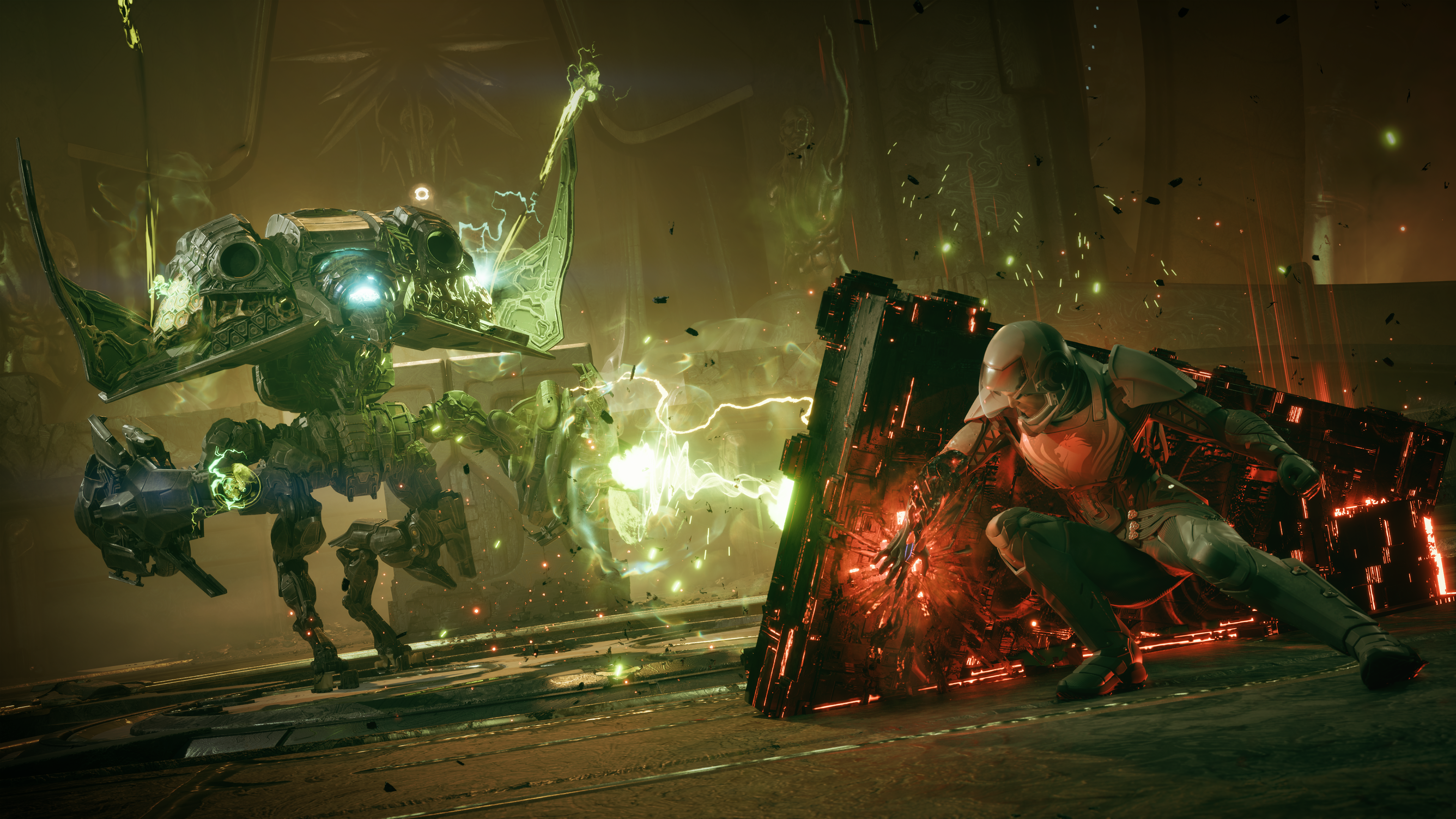 Exodus screenshot showing Jun huddled up against cover while avoiding being shot by a mysterious enemy