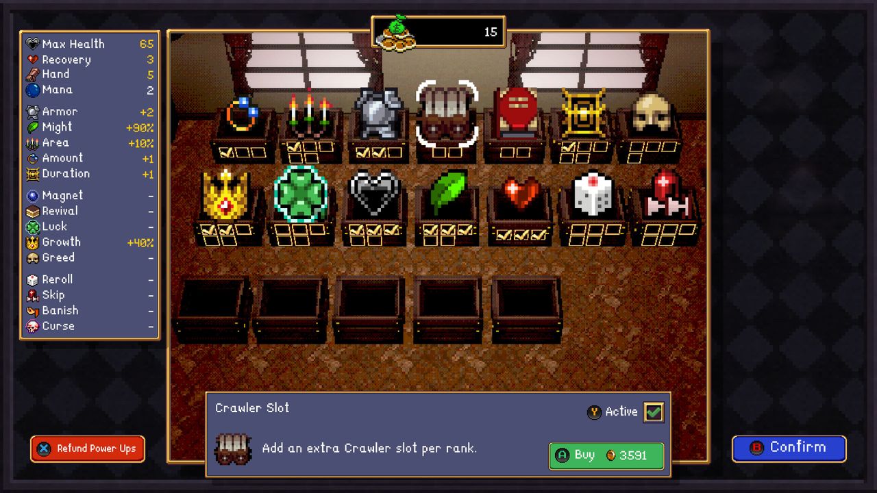 Video game upgrade menu with various items on shelves, including armor and heart icons. Stats, purchase options, and currency (15 coins) displayed.