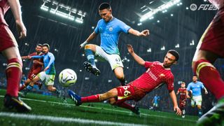 A screenshot of EA FC 25 showing Liverpool and Man City players in action