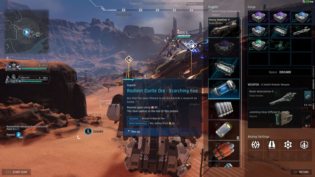 Mecha Break Mission Tokens: A Corite Ore item in a player's inventory during Mashmak.