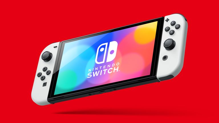 Nintendo Switch OLED on red background