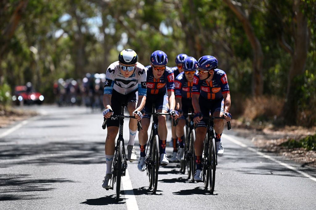WILLUNGA HILL AUSTRALIA JANUARY 25 LR Mathias Sunekaer Norsgaard of Denmark and Movistar Team Julius Van Den Berg of The Netherlands and Alex Edmondson of Australia and Team Picnic PostNL lead the peloton during the 25th Santos Tour Down Under 2025 Stage 5 a 1457km stage from McLaren Vale to Willunga Hill 371m UCIWT on January 25 2025 in Willunga Hill Australia Photo by Dario BelingheriGetty Images