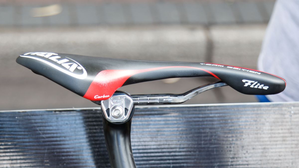 From the timetrial saddle before, to a regular Selle Italia Flight (slammed forward). Hansen admits it's still early days in finding the right replacement perch
