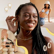 At the center of the graphic a woman with nose piercing is smiling and touching her earrings with her hand. On the left a photo shows a nice-looking piercing parlor shop. On the right a photo shows a woman in denim jeans showing her belly button piercing. One pair of earrings each on both left and right side corners are shown in this graphic.