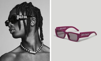 Palm Angels black sunglasses worn by model and still life of magenta styles