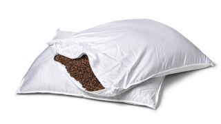 Open buckwheat pillows against a white background