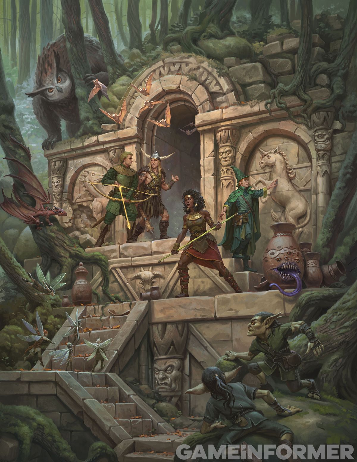 Dungeons &amp; Dragons characters explore a ruin while monsters look on in artwork from the Game Informer reveal