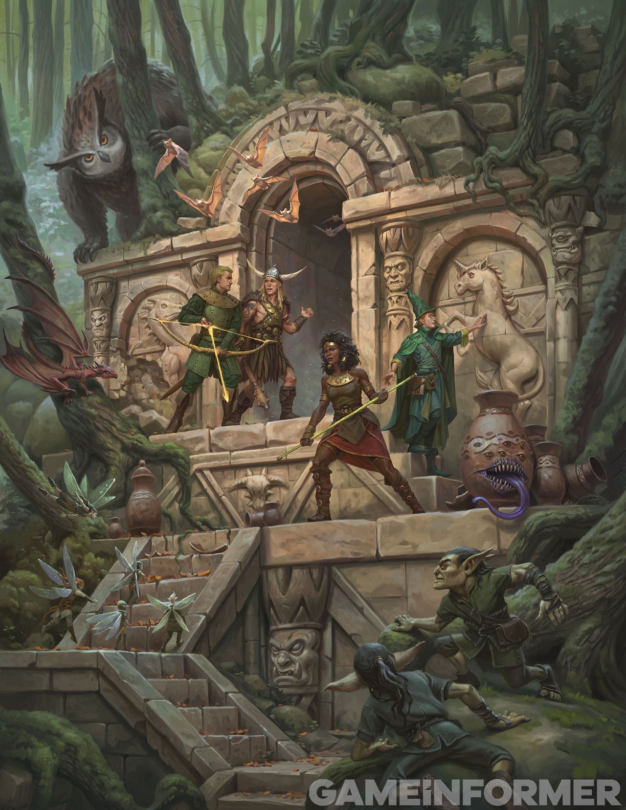 Dungeons &amp; Dragons characters explore a ruin while monsters look on in artwork from the Game Informer reveal
