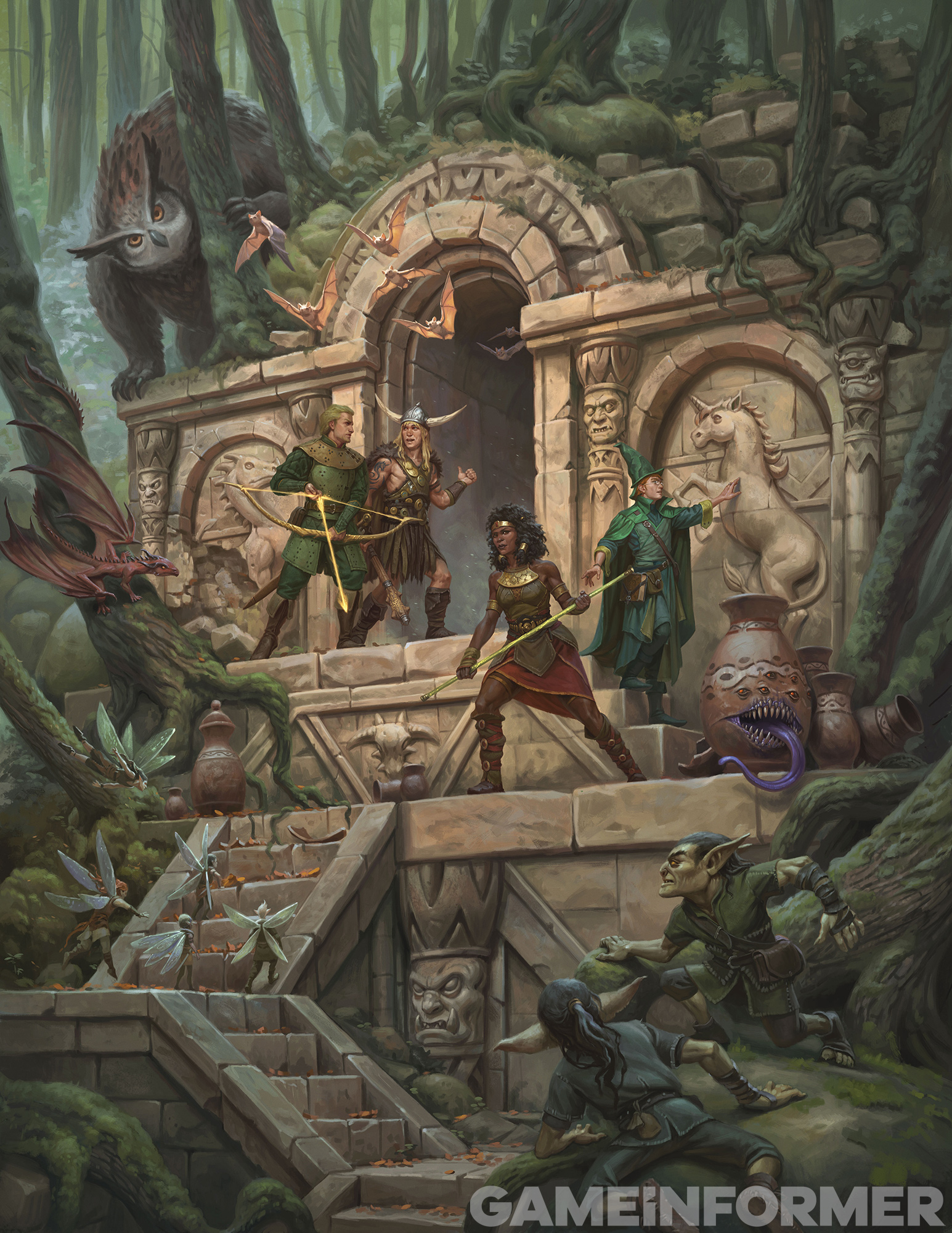 Dungeons & Dragons characters explore a ruin while monsters look on in artwork from the Game Informer reveal