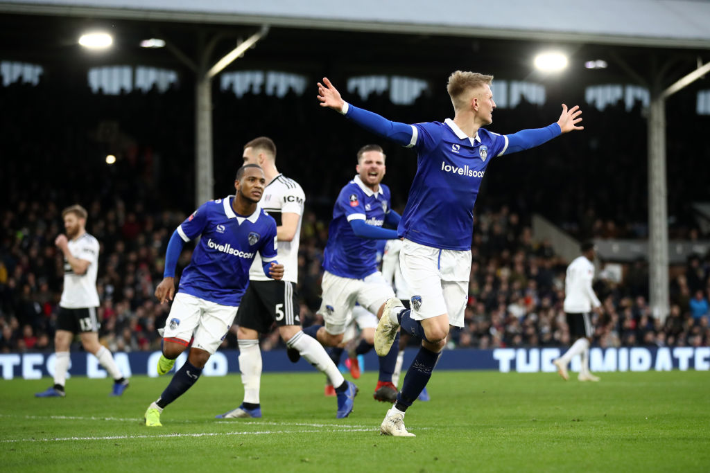 Sam Surridge of Oldham Athletic celebrates after scoring his team&#039;s first goal from the penalty spot during the FA Cup Third Round match between Fulham and Oldham Athletic at Craven Cottage on January 6, 2019 in London, United Kingdom.