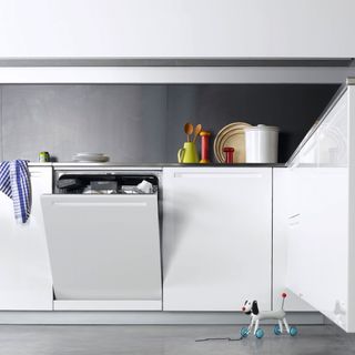 White fitted kitchen units grey polished concrete floor toy dog open dishwasher door