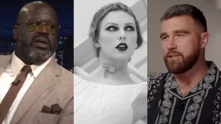 From left to right: Shaq on The Tonight Show, Taylor Swift in the Fortnight music video and Travis Kelce on GMA.