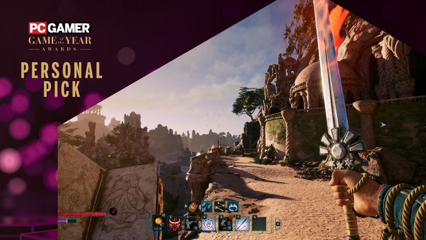 A screenshot from Avowed, showing a sweeping vista, with the PC Gamer Game of the Year Personal Pick overlay in the top left