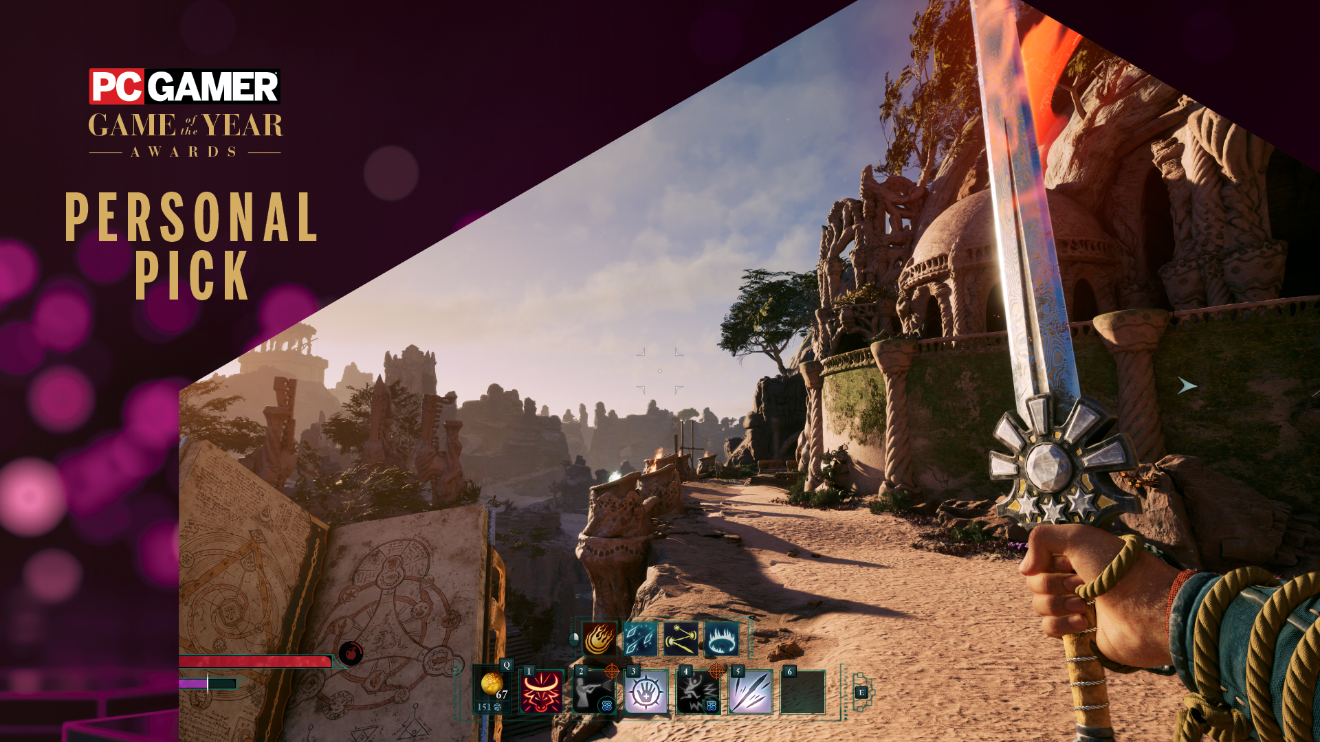 A screenshot from Avowed, showing a sweeping vista, with the PC Gamer Game of the Year Personal Pick overlay in the top left