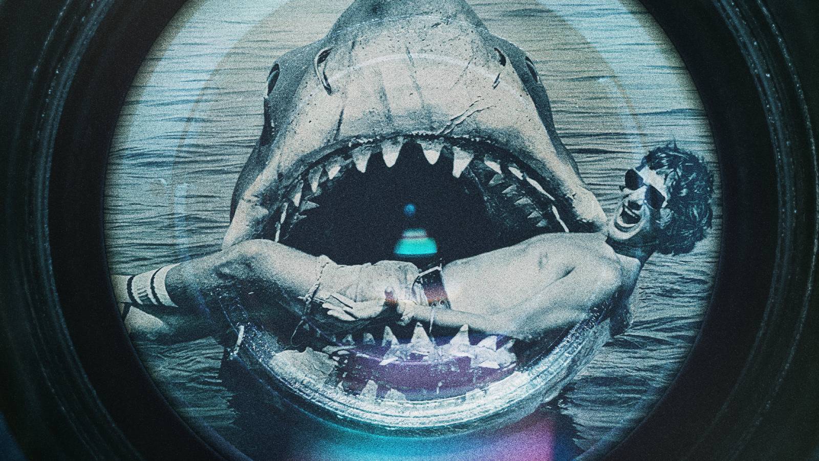 Steven Spielberg in a robot shark's jaws.
