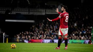 Bruno Fernandes of Manchester United in action during the Premier League match between Fulham FC and Manchester United FC at Craven Cottage on January 26, 2025 in London, United Kingdom.