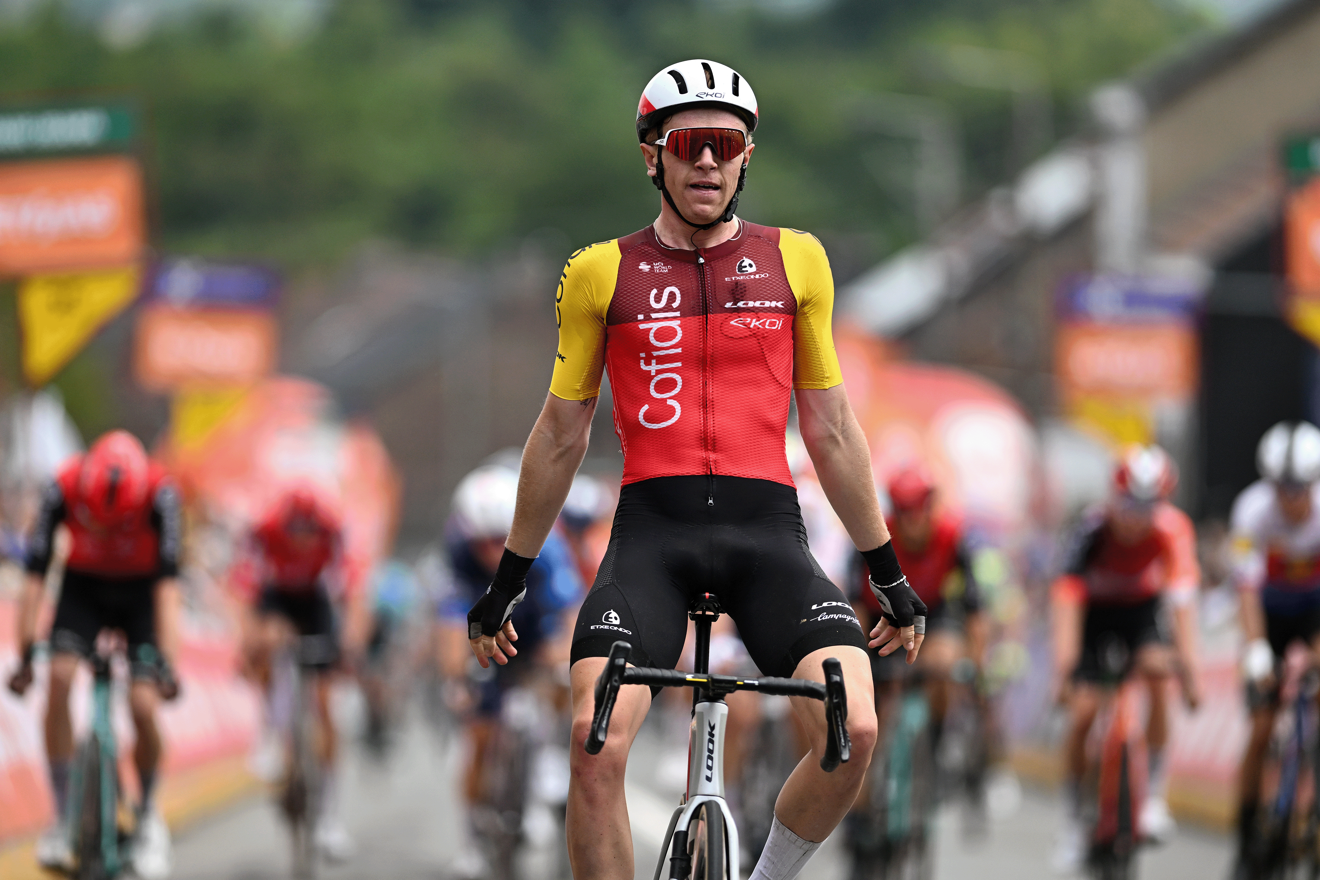 SAMBREVILLE, BELGIUM - JULY 27: Oliver Knight of Great Britain and Team Cofidis celebrates at finish line as stage winner during the 46th Tour de Wallonie2025, Stage 2 a 153.1km stage from Huy to Sambreville on July 27, 2025 in Sambreville, Belgium. (Photo by Luc Claessen/Getty Images)