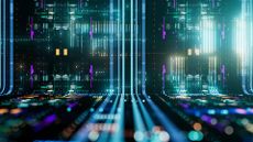 AI infrastructure concept image showing data lake with flowing lines of data moving in tandem alongside glowing circuit boards.