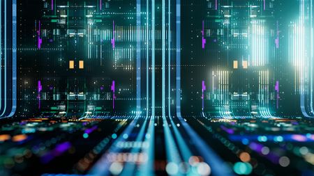 AI infrastructure concept image showing data lake with flowing lines of data moving in tandem alongside glowing circuit boards.