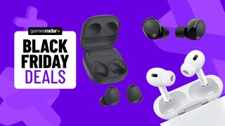 earbuds on a purple background with Black Friday deals badge